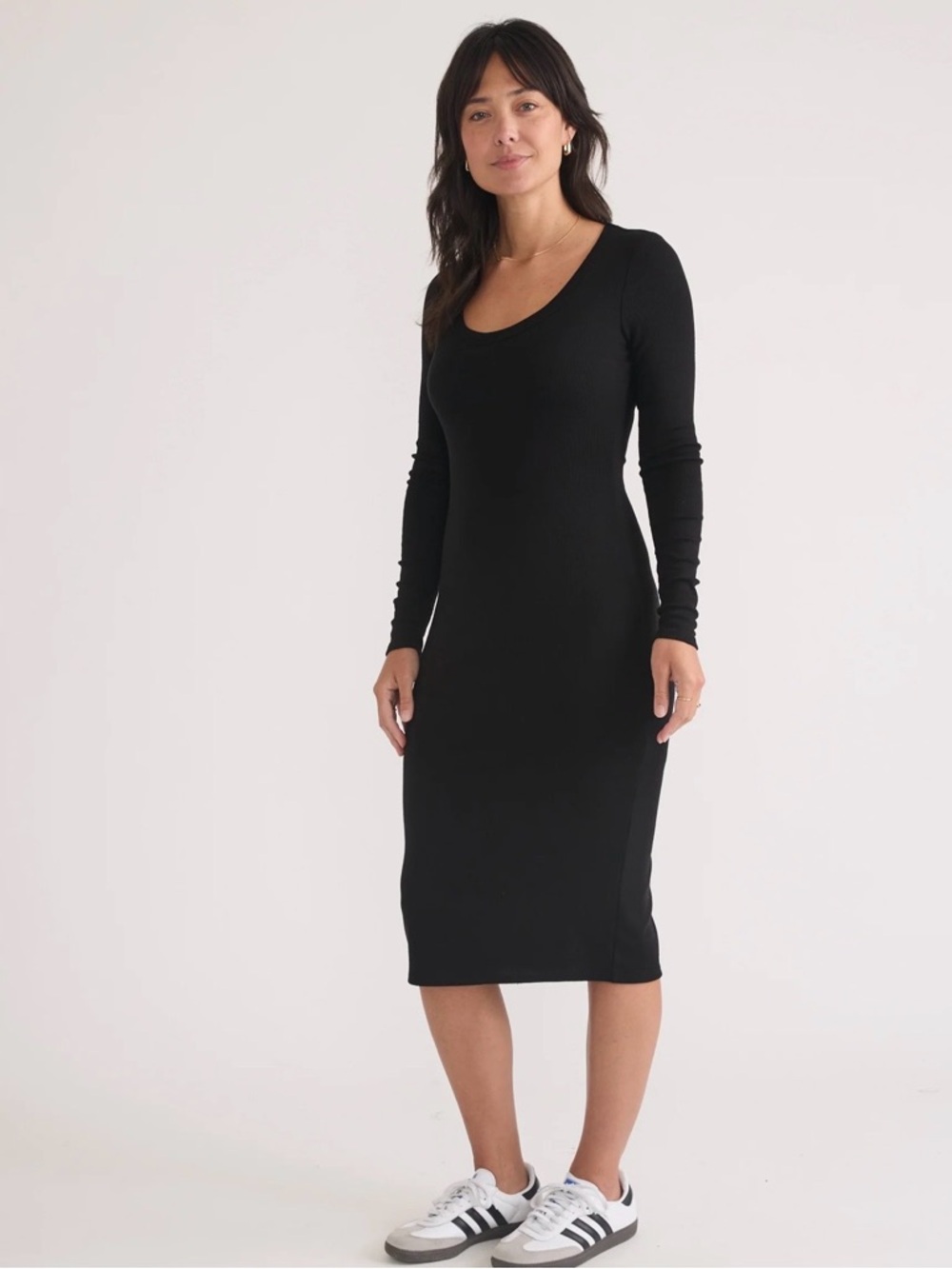 Lexi Rib Marine Layer Black Long-Sleeve Scoop-Neck Midi Dress